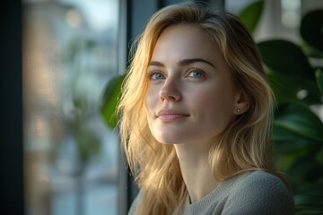 Obraz premium A serene portrait of a woman with natural light and greenery.