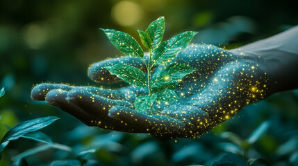 digital human hand gently cradles a small plant symbolizing the balance between technology and nature, highlighting the harmony of growth and innovation in a world of digital transformation