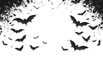 Obraz premium Silhouette of flying bats surrounded by dark branches, spooky Halloween theme illustration, eerie night scene, and Gothic design isolated on transparent background