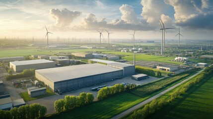 Naklejka premium Modern Industrial Complex with Wind Turbines and Clear Sky