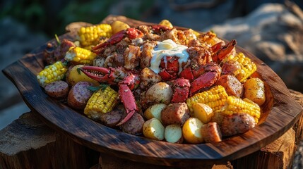 A rustic Alaskan King Crab boil served with corn, potatoes, and sausage, topped with melted butter, in a seaside wooden platter 
