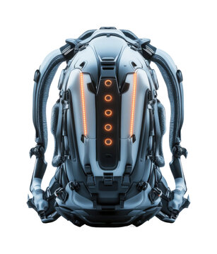 Futuristic sci-fi robotic jetpack with glowing orange lights and advanced mechanical structure for space travel, high-tech innovation equipment design isolated on transparent background