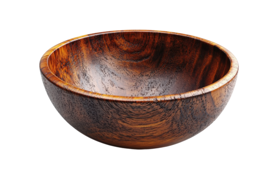 Polished wooden bowl with rich grain texture, natural handmade kitchenware for serving food, rustic and elegant minimalist design isolated on transparent background