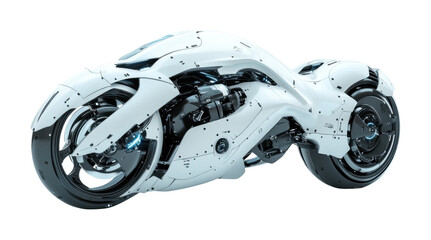 Sleek futuristic white hoverbike with advanced mechanical design, innovative flying motorcycle for sci-fi and technology enthusiasts isolated on transparent background
