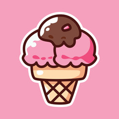 Double Scoop Ice Cream Cone with Brown and Pink Scoops - Cute Cartoon Illustration