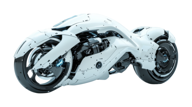 Sleek futuristic white hoverbike with advanced mechanical design, innovative flying motorcycle for sci-fi and technology enthusiasts isolated on transparent background