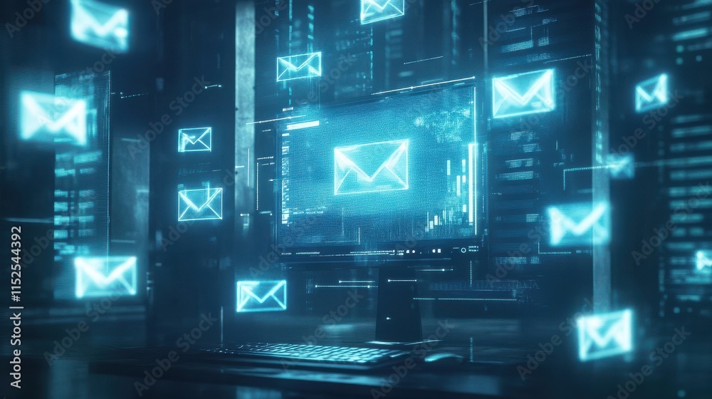 Poster futuristic computer screen displaying digital email notifications