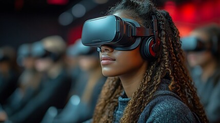 Students different backgrounds engaged in digital learning using tablets and virtual reality in a modern classroom filled with advanced technology and creative energy