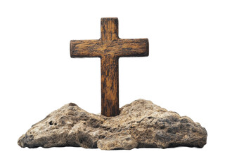 Cross stands proudly on a rugged hilltop, symbolizing faith and solitude in nature's embrace. Isolated on transparent background, png.