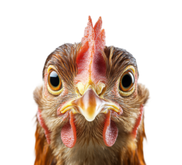 Closeup of chicken head with detailed comb, expressive eyes, and textured feathers, vibrant farm animal portrait, organic poultry isolated on transparent background