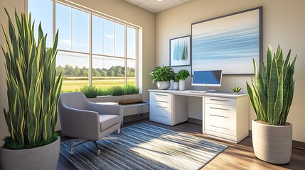 Naklejka premium Modern Home Office Design With Natural Light And Plants