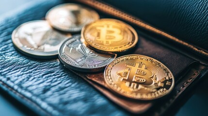 Close-Up of Cryptocurrency Coins Inside a Leather Wallet