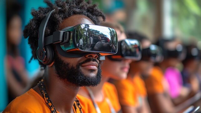 Students learning VR headsets and tablets in a colorful classroom their teacher guiding them through immersive technologydriven learning experiences - Powered by Adobe