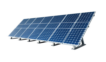 Row of solar panels with reflective surface, sustainable energy, solar technology, modern renewable power source, clean electricity generation, isolated on transparent background, photovoltaic cells