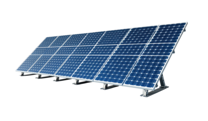 Row of solar panels with reflective surface, sustainable energy, solar technology, modern renewable power source, clean electricity generation, isolated on transparent background, photovoltaic cells