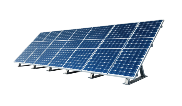 Row of solar panels with reflective surface, sustainable energy, solar technology, modern renewable power source, clean electricity generation, isolated on transparent background, photovoltaic cells