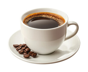 Fototapeta premium Black coffee in white ceramic cup with scattered roasted beans, bold and aromatic hot drink for mornings or cafes isolated on transparent background