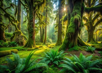 Obraz premium Olympic's Hall of Mosses: Rainforest photography showcasing vibrant moss-draped beauty.