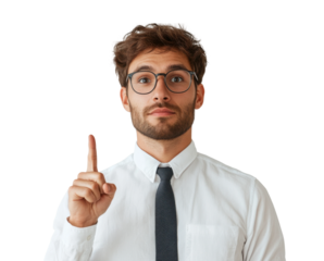 Young businessman pointing upward with thoughtful expression, concept of idea, innovation, or solution, corporate leadership and success isolated on transparent background