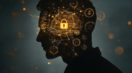 Silhouette of Man with Digital Lock and Network Connections Inside Head