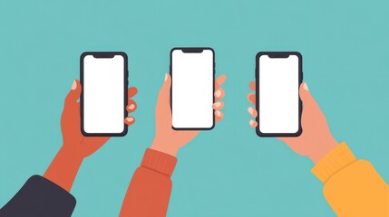 Diverse Hands Holding Smartphones, Smiling, Modern Mockup