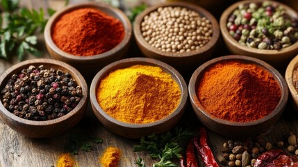 Aromatic Spices in Wooden Bowls on Rustic Wood