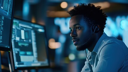 Fototapeta premium Focused Young Man Working on Computer in Modern Tech Environment