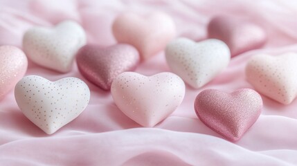Obraz premium Pink Glitter Hearts on Soft Pink Fabric - Valentine's Day Decor