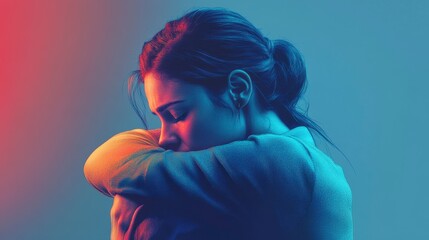 Sad Young Woman Embracing Herself, Blue and Orange Lighting, Introspective Portrait
