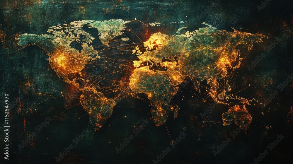 Poster global map with network connections and lighted nodes