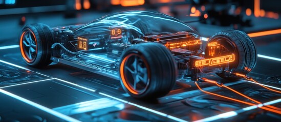 A futuristic electric vehicle battery module being charged wirelessly, with holographic indicators showing charge levels, cyberpunk lighting