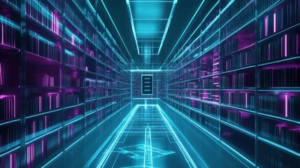 Obraz premium Futuristic Neon Library Corridor with Bright Colorful Lights