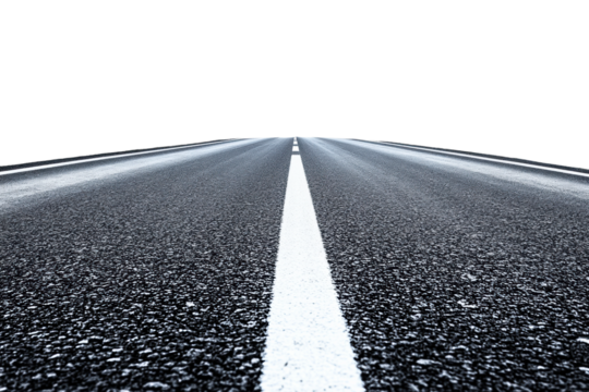 Asphalt road with white dividing line, perspective view of empty highway with textured surface, urban travel concept, detailed pavement isolated on transparent background