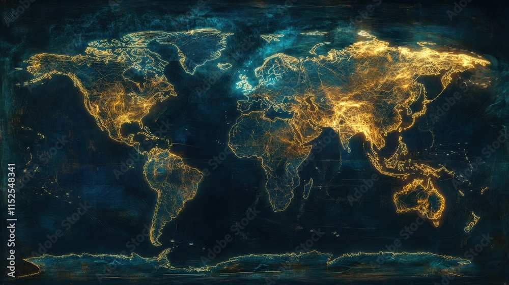 Poster global map with illuminating features representing networks and data