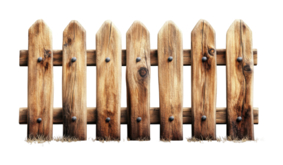 Rustic wooden fence panel, weathered picket design with natural texture, classic garden barrier or decorative outdoor feature isolated on transparent background