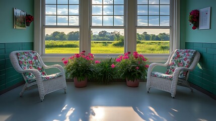 Serene sunlit room with floral chairs and window view