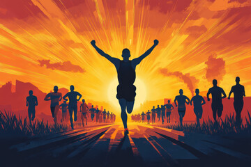 A dynamic scene of marathon winner celebrating victory with arms raised, surrounded by runners under bright, vibrant sky