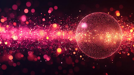 A glowing sphere with intricate data patterns and circuit lines floats against a dark background, symbolizing advanced technology, data processing, and the digital world


