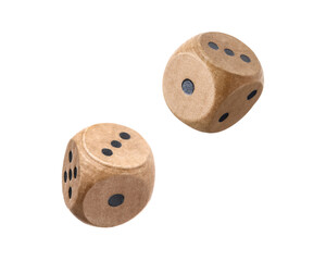 Two wooden dice in air on white background