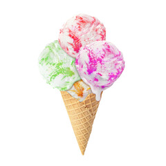 Ice cream scoops in waffle cone on white background. Strawberry, raspberry, mango and kiwi flavors