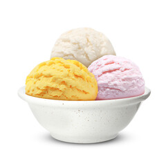 Ice cream scoops in bowl on white background. Vanilla, mango and strawberry flavors