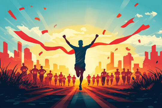 A dynamic scene of marathon winner crossing finish line with arms raised in victory, surrounded by cheering runners under bright sky