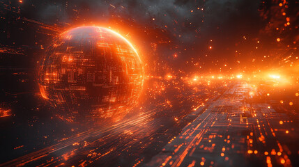 A glowing sphere with intricate data patterns and circuit lines floats against a dark background, symbolizing advanced technology, data processing, and the digital world

