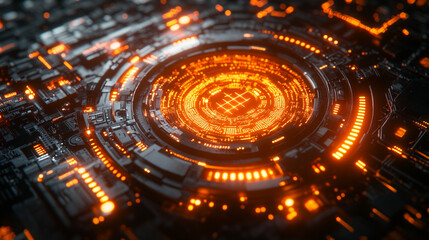 A glowing sphere with intricate data patterns and circuit lines floats against a dark background, symbolizing advanced technology, data processing, and the digital world

