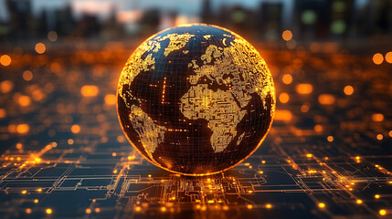 glowing sphere with intricate data patterns and circuit lines floats against a dark background, symbolizing advanced technology, data processing, and the digital world