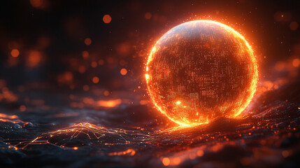glowing sphere with intricate data patterns and circuit lines floats against a dark background, symbolizing advanced technology, data processing, and the digital world