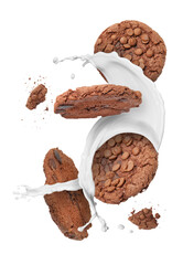 Chocolate chip cookies and splashing milk in air on white background