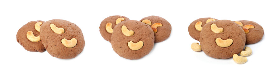 Tasty cookies with cashew nuts isolated on white, set