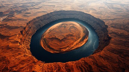 Aerial view of a horseshoe bend in a desert canyon.
