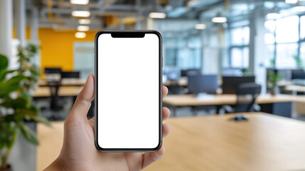 A smartphone with blank screen held in hand within modern office space, featuring blurred desks and monitors in background